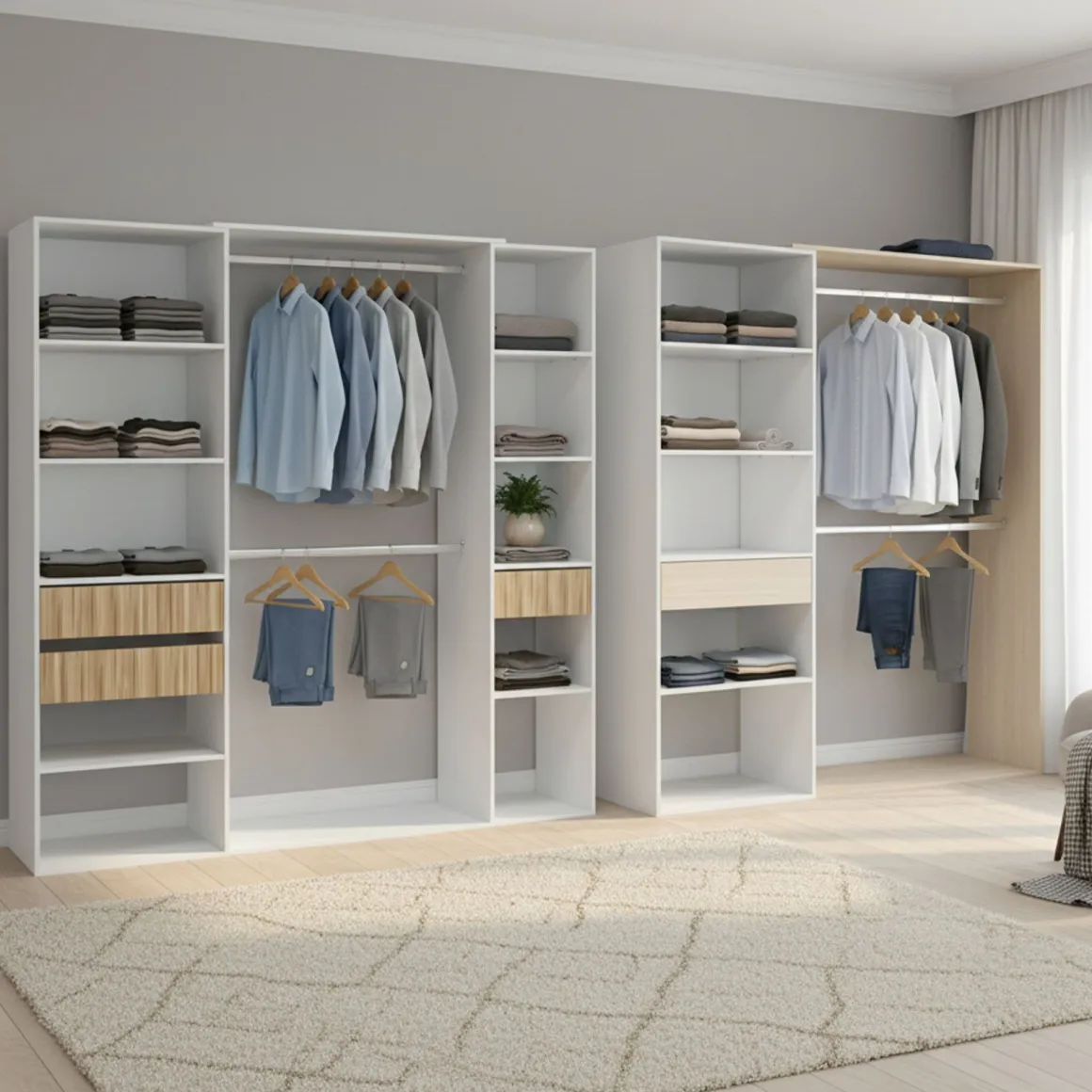 Guardaroba Grande Bianco Rovere Marrone Modulabile 4 Cassetti 354x187h cm, 12 Ripiani - Falcade