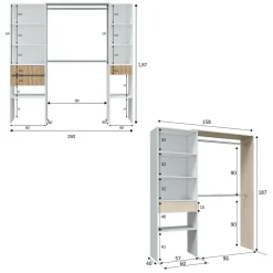 Guardaroba Grande Bianco Rovere Marrone Modulabile 4 Cassetti 354x187h cm, 12 Ripiani - Falcade