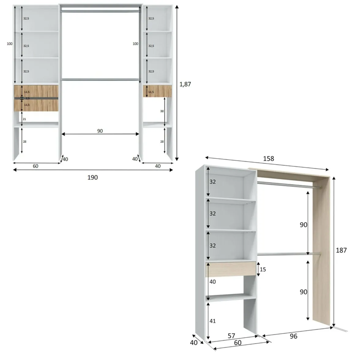 Guardaroba Grande Bianco Rovere Marrone Modulabile 4 Cassetti 354x187h cm, 12 Ripiani - Falcade