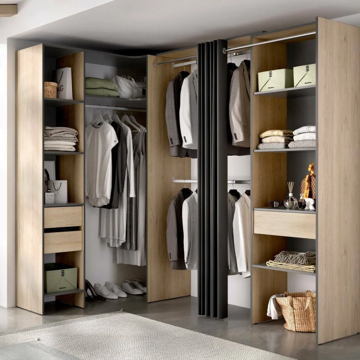 Cabine Armadio|Altri Guardaroba > Dmora Guardaroba grande con ripiani regolabili antracite e rovere 214x205h cm - Pali Marrone Rovere, Nero Antracite