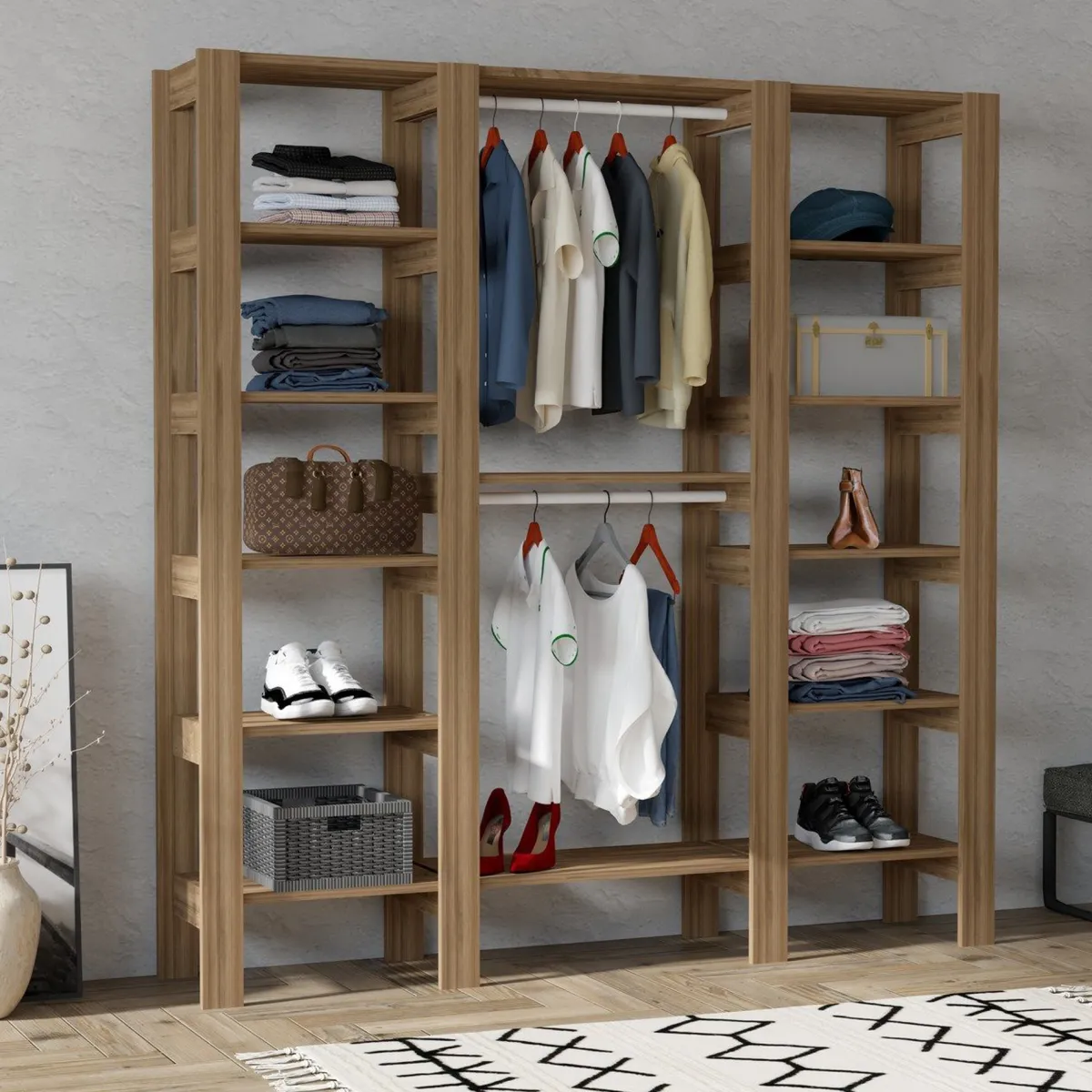 Altri Guardaroba > Dmora Guardaroba Grande 10 Ripiani Appendiabiti 161x180h cm, 12 Vani - Nerviano Marrone Noce
