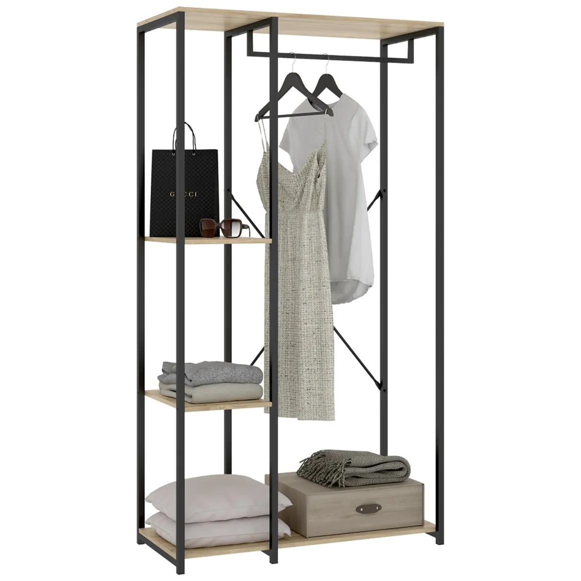 Cabine Armadio|Altri Guardaroba > Dmora Guardaroba Grande Marrone Rovere Nero 3 Ripiani Appendiabiti 40x167h cm, Cassetti - Cotton Nero, Marrone Rovere