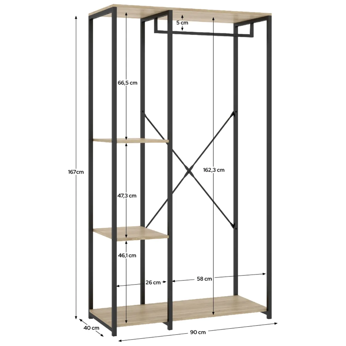 Cabine Armadio|Altri Guardaroba > Dmora Guardaroba Grande Marrone Rovere Nero 3 Ripiani Appendiabiti 40x167h cm, Cassetti - Cotton Nero, Marrone Rovere