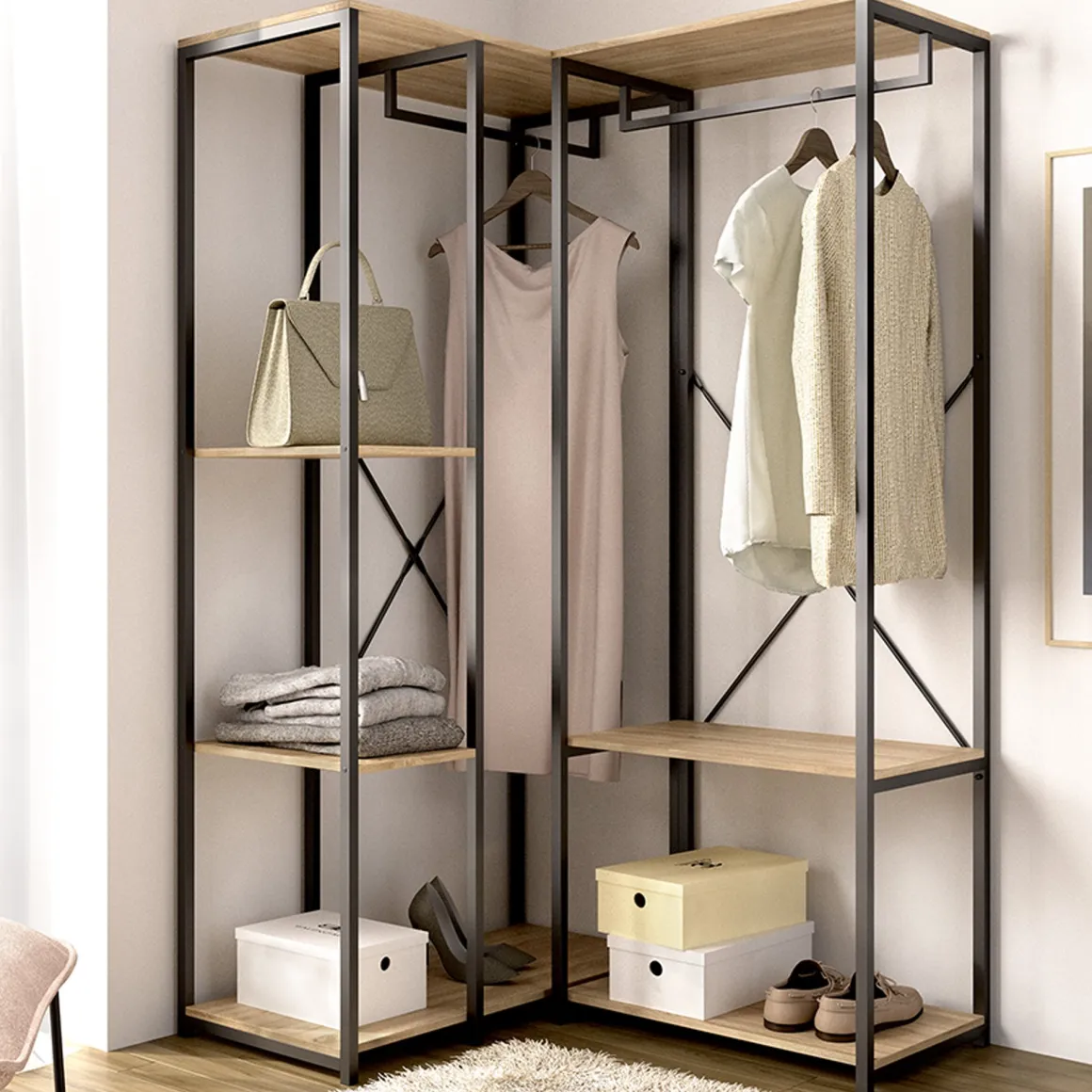 Guardaroba Grande Marrone Rovere Nero 4 Ripiani Appendiabiti 100x167h cm, Cassetti - Gallup