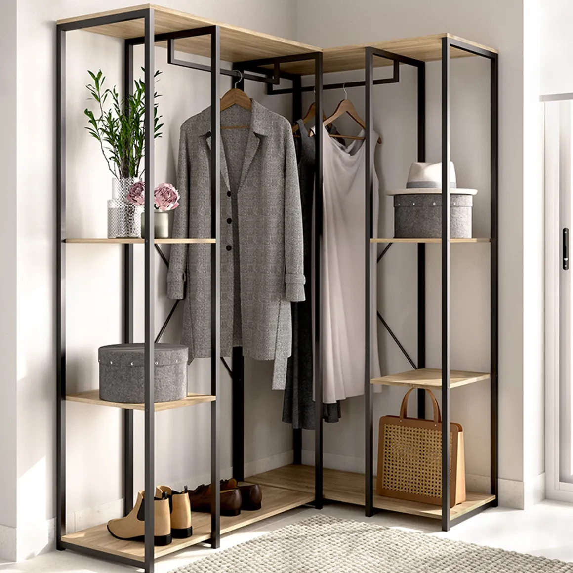 Guardaroba Grande Marrone Rovere Nero 5 Ripiani Appendiabiti 130x167h cm, Cassetti - Hollis