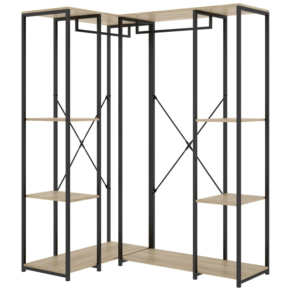 Guardaroba Grande Marrone Rovere Nero 5 Ripiani Appendiabiti 130x167h cm, Cassetti - Hollis