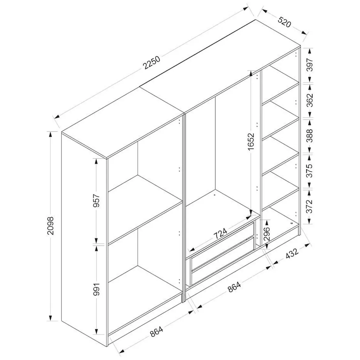 Altri Guardaroba > Dmora Guardaroba Grande 2 Ripiani Appendiabiti 245x217.5h cm, 2 Ante - Resiutta Marrone Rovere Nodi