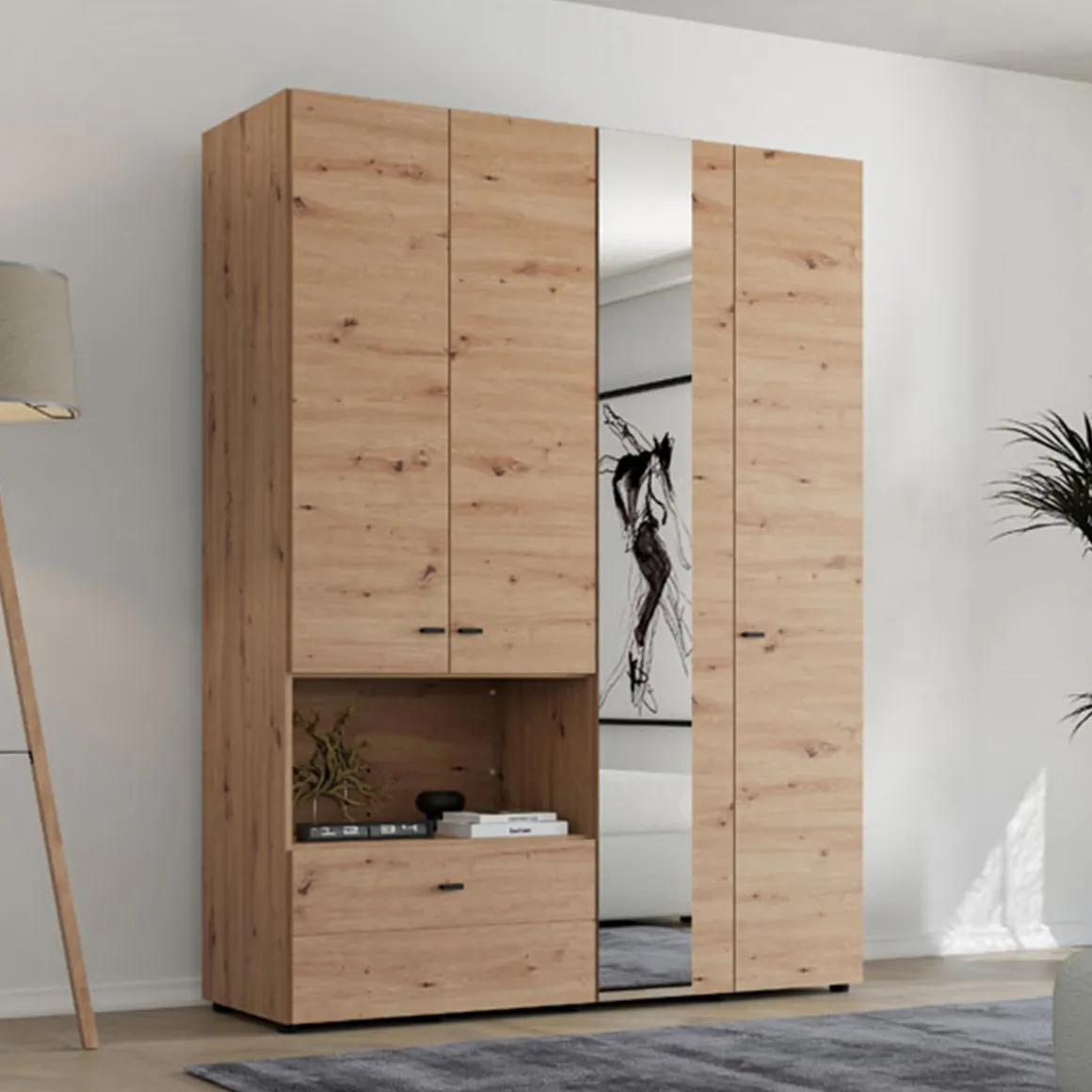 Altri Guardaroba > Dmora Guardaroba Grande Marrone Rovere Nodi Nero 4 Ripiani un Cassetto 182.5x210.5h cm, Appendiabiti - Rifreddo Nero, Marrone Rovere Nodi