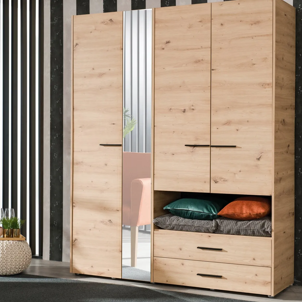 Altri Guardaroba > Dmora Guardaroba Grande Marrone Rovere Nodi Nero 7 Ripiani 2 Cassetti 155x208h cm, Appendiabiti - Watamu Nero, Marrone Rovere Nodi