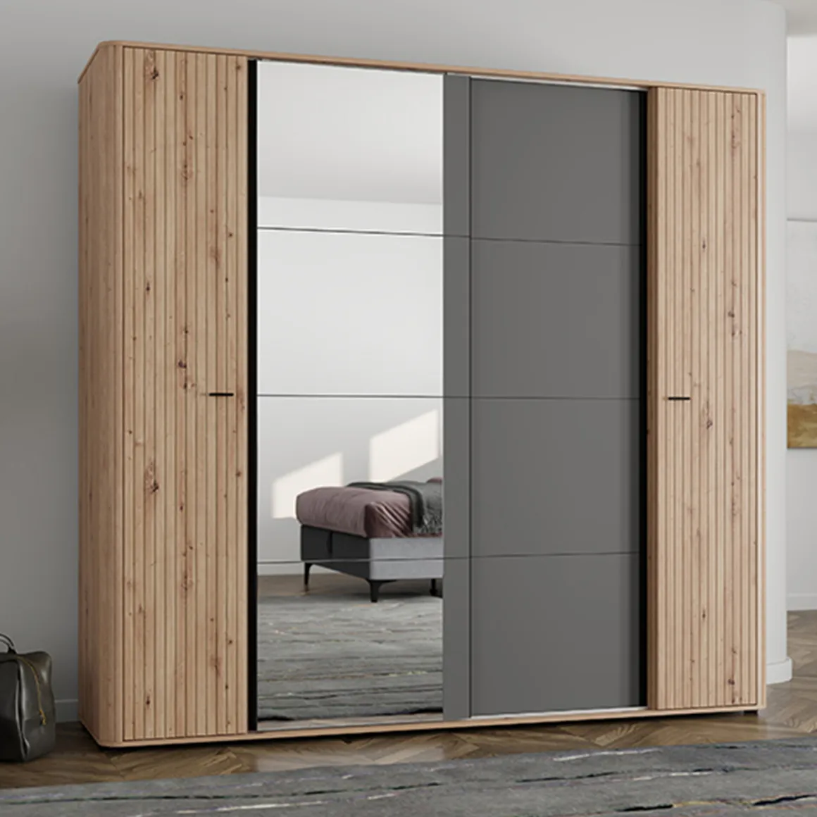 Guardaroba Grande Marrone Rovere Nodi Nero Antracite Appendiabiti 10 Ripiani 232x219h cm, 4 Ante - Hakone
