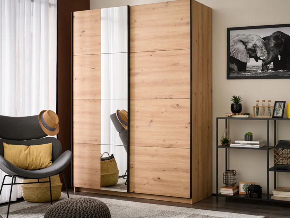 Guardaroba Grande Marrone Rovere Nodi Nero Appendiabiti 2 Ripiani 145.5x217.5h cm, Apertura Scorrevole - Pasturo