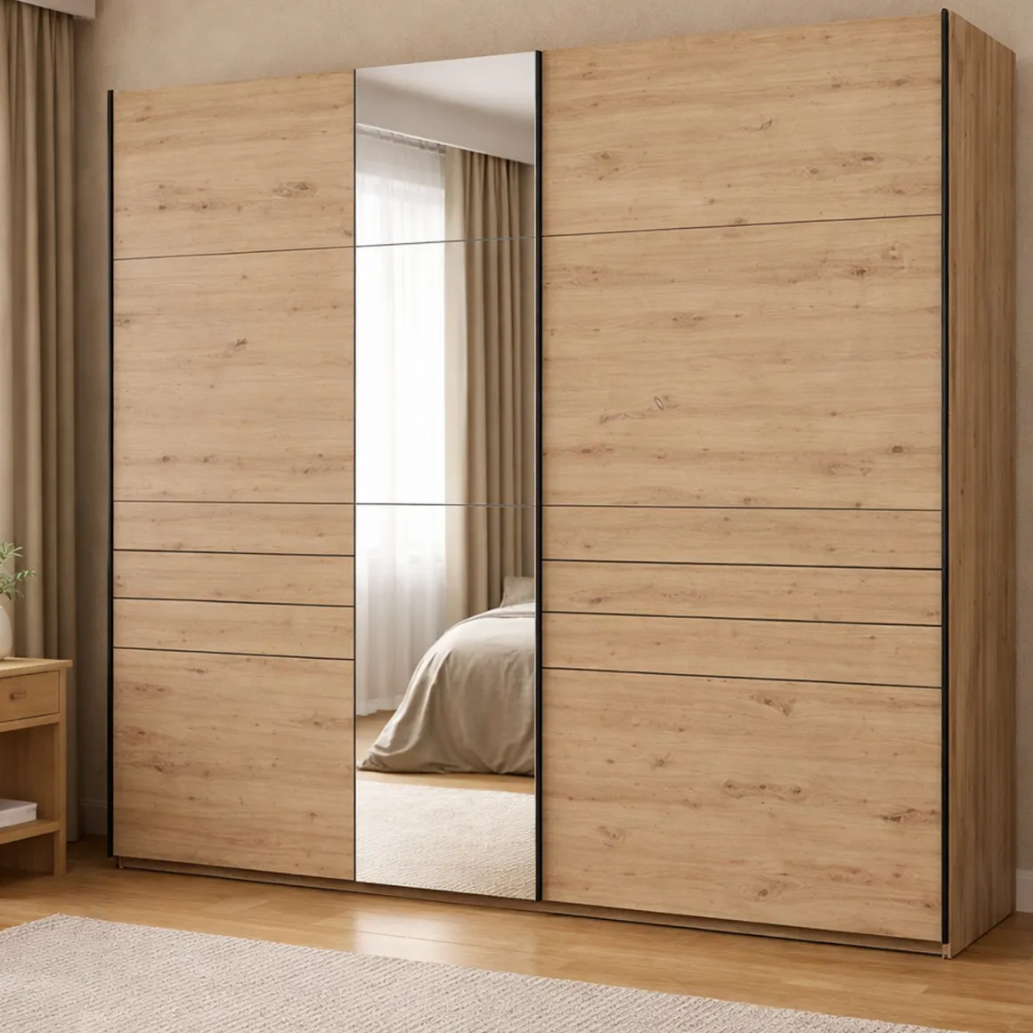 Altri Guardaroba > Dmora Guardaroba Grande Marrone Rovere Nodi Nero Appendiabiti 2 Ripiani 267x217h cm, Apertura Scorrevole - Tures Nero, Marrone Rovere Nodi
