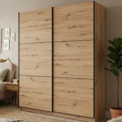 Guardaroba Grande Marrone Rovere Nodi Nero Appendiabiti 5 Ripiani 179x210h cm, Apertura Scorrevole - Cerchio