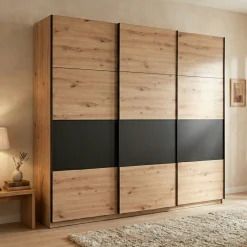 Guardaroba Grande Marrone Rovere Nodi Nero Appendiabiti 6 Ripiani 262.5x224h cm, Apertura Scorrevole - Miggiano