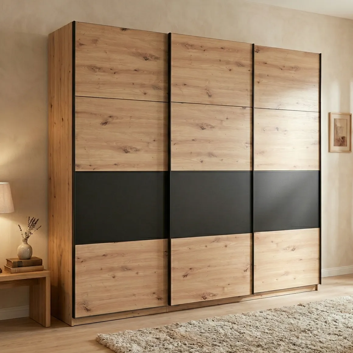 Guardaroba Grande Marrone Rovere Nodi Nero Appendiabiti 6 Ripiani 262.5x224h cm, Apertura Scorrevole - Miggiano