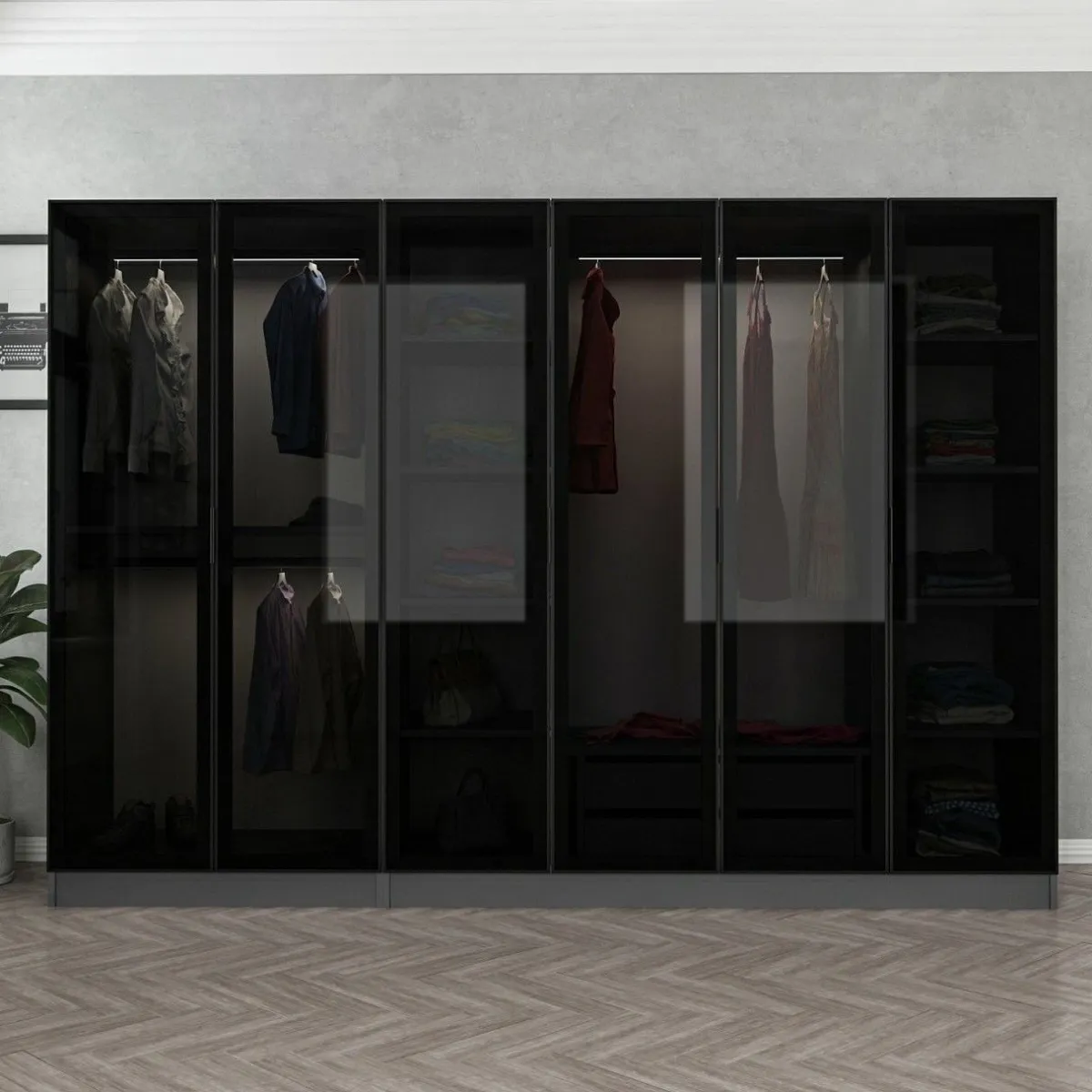 Altri Guardaroba > Dmora Guardaroba Grande Nero Antracite Nero Fume Appendiabiti 10 Ripiani 270x210h cm, 6 Ante - Nogaro Nero Fume, Nero Antracite