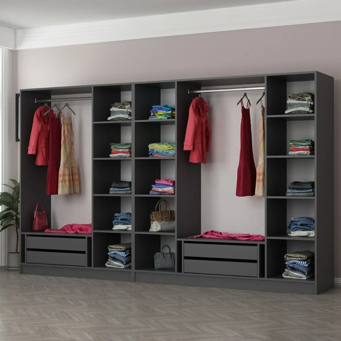 Guardaroba Grande Nero Antracite Nero Fume Appendiabiti 14 Ripiani 315x210h cm, 7 Ante - Prunettos