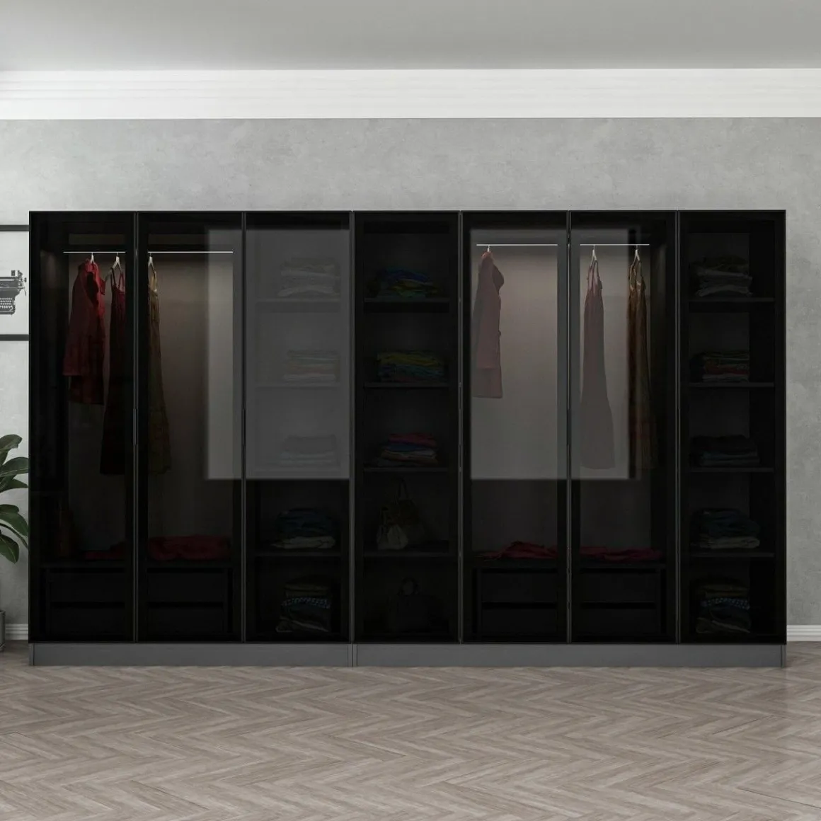 Guardaroba Grande Nero Antracite Nero Fume Appendiabiti 14 Ripiani 315x210h cm, 7 Ante - Prunettos