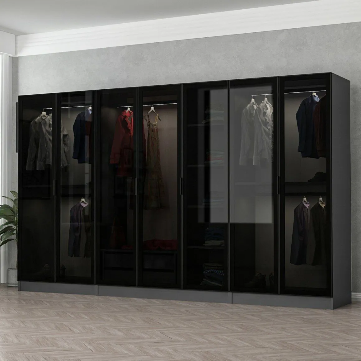Altri Guardaroba > Dmora Guardaroba Grande Nero Antracite Trasparente Appendiabiti 8 Ripiani 217x210h cm, Apertura Scorrevole - Soncino Trasparente, Nero Antracite