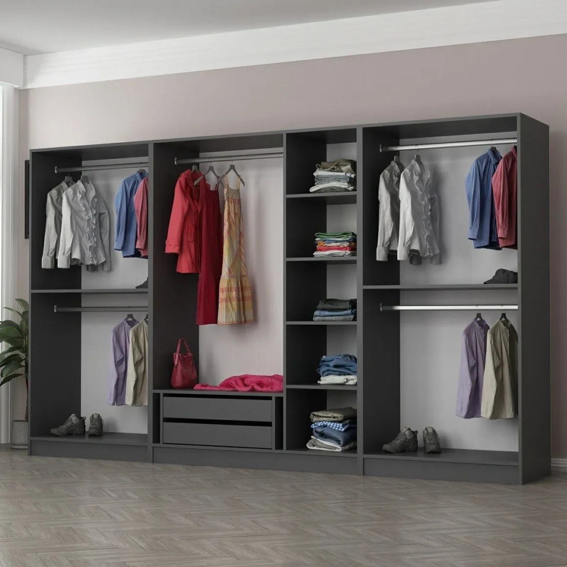 Altri Guardaroba > Dmora Guardaroba Grande Nero Antracite Trasparente Appendiabiti 8 Ripiani 217x210h cm, Apertura Scorrevole - Soncino Trasparente, Nero Antracite