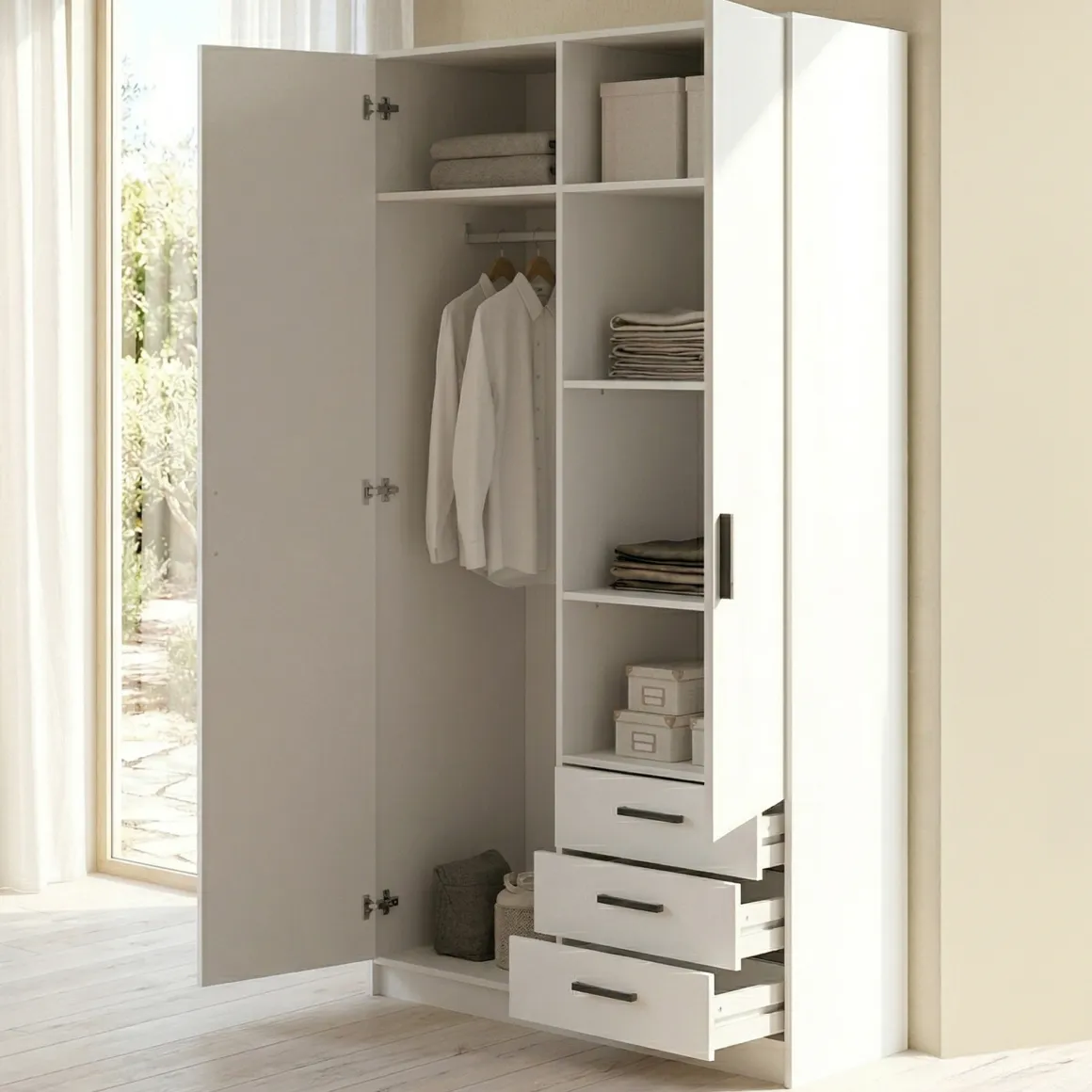 Camera Da Letto > Dmora Guardaroba salvaspazio bianco e cemento 150x200h cm - Opi Grigio, Bianco Cemento