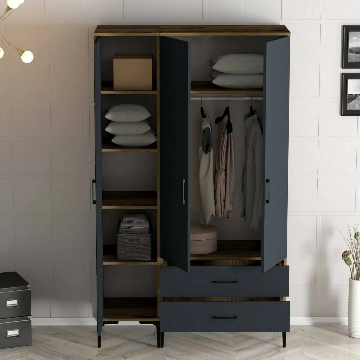 Guardaroba 3 Ante|Camera Da Letto > Dmora Guardaroba salvaspazio noce e antracite 120x200h cm - Petroleuse Nero Antracite, Marrone Noce