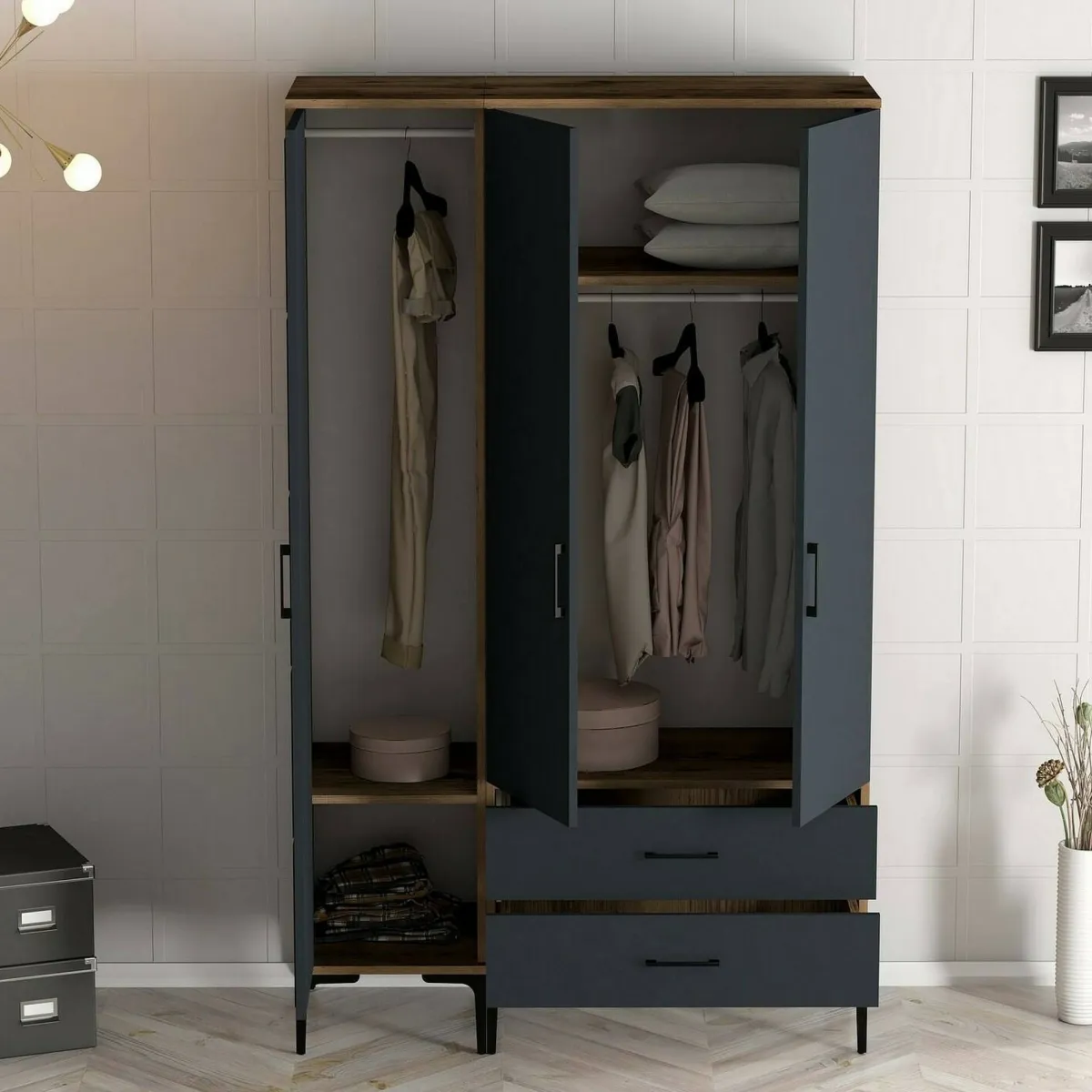 Guardaroba 3 Ante|Camera Da Letto > Dmora Guardaroba salvaspazio noce e antracite 120x200h cm - Petroleuse Nero Antracite, Marrone Noce