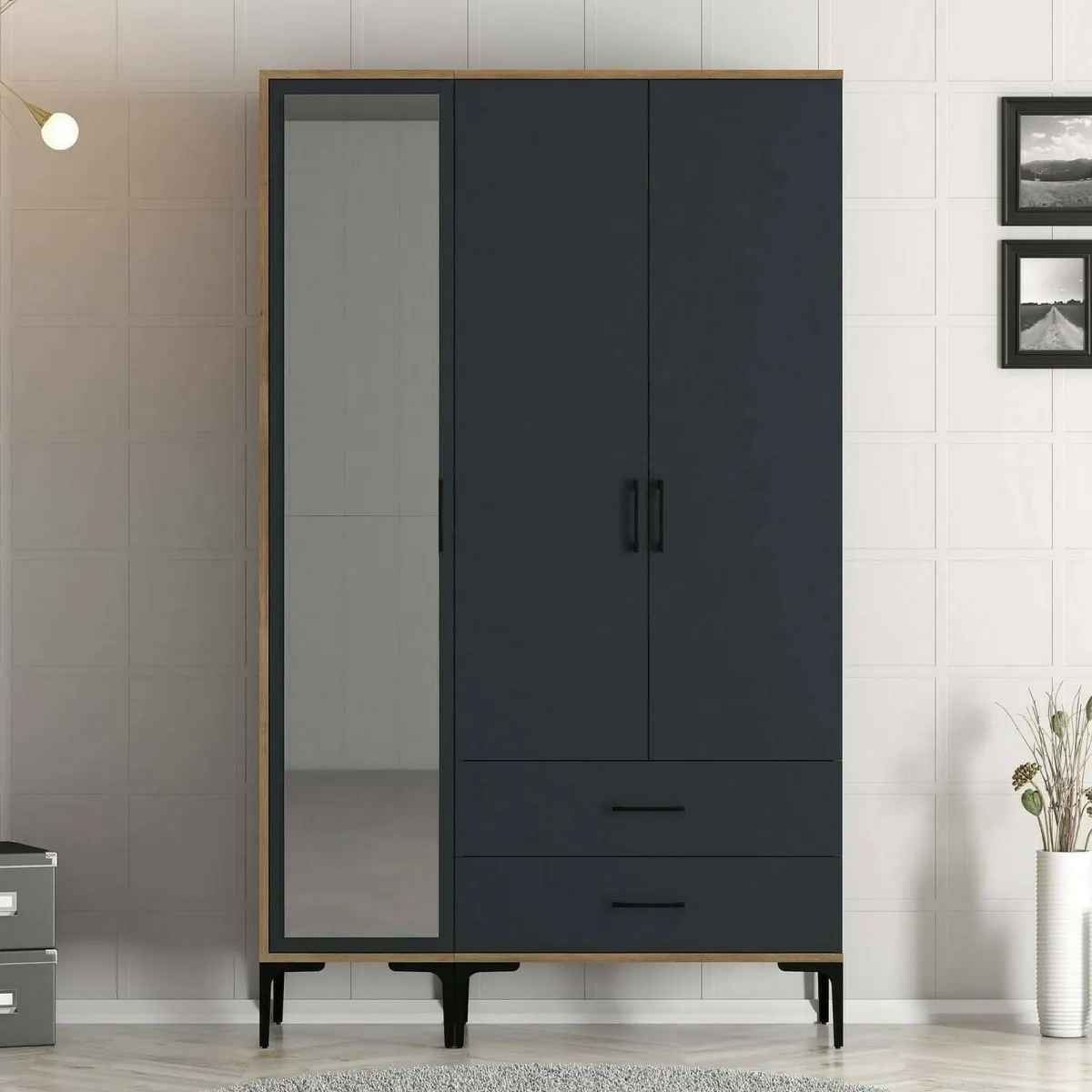 Guardaroba 3 Ante|Camera Da Letto > Dmora Guardaroba salvaspazio noce e antracite 120x200h cm - Petroleuse Nero Antracite, Marrone Noce