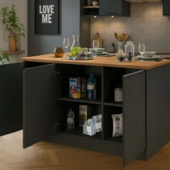 Cucina|Mobili Dispensa > Dmora Isola centrale cucina design 155x90x90h cm antracite e rovere - Tartaro Marrone Rovere, Nero Antracite