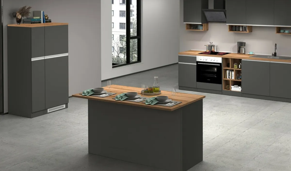 Cucina|Mobili Dispensa > Dmora Isola centrale cucina design 155x90x90h cm antracite e rovere - Tartaro Marrone Rovere, Nero Antracite
