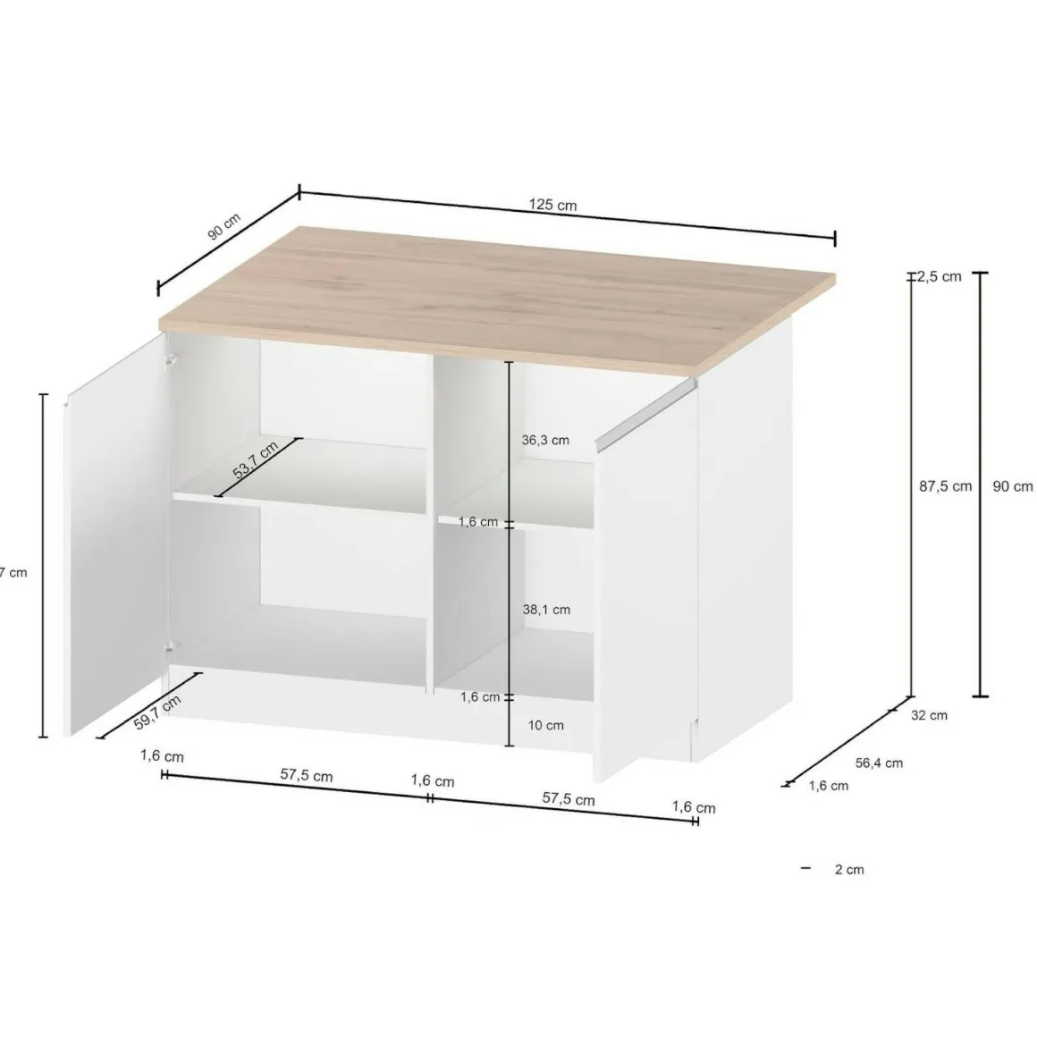 Isola cucina classica con piano snack 125x90x90h cm bianca lucida e ardesia - Analiza