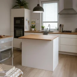 Cucina|Mobili Dispensa > Dmora Isola cucina compatta per piccoli spazi 125x90x90h cm bianca lucida e rovere - Analiza Marrone Rovere, Bianco Lucido