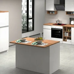 Cucina|Mobili Dispensa > Dmora Isola cucina compatta per piccoli spazi 125x90x90h cm bianca lucida e rovere - Analiza Marrone Rovere, Bianco Lucido