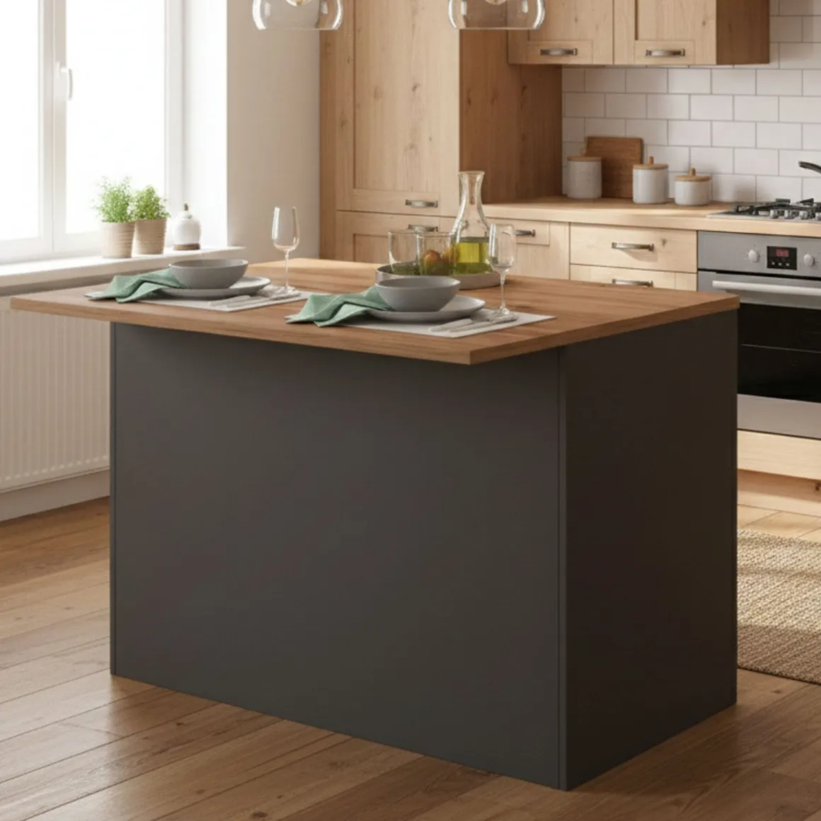 Isola cucina con ante e cassetti 125x90x90h cm antracite e rovere - Analiza