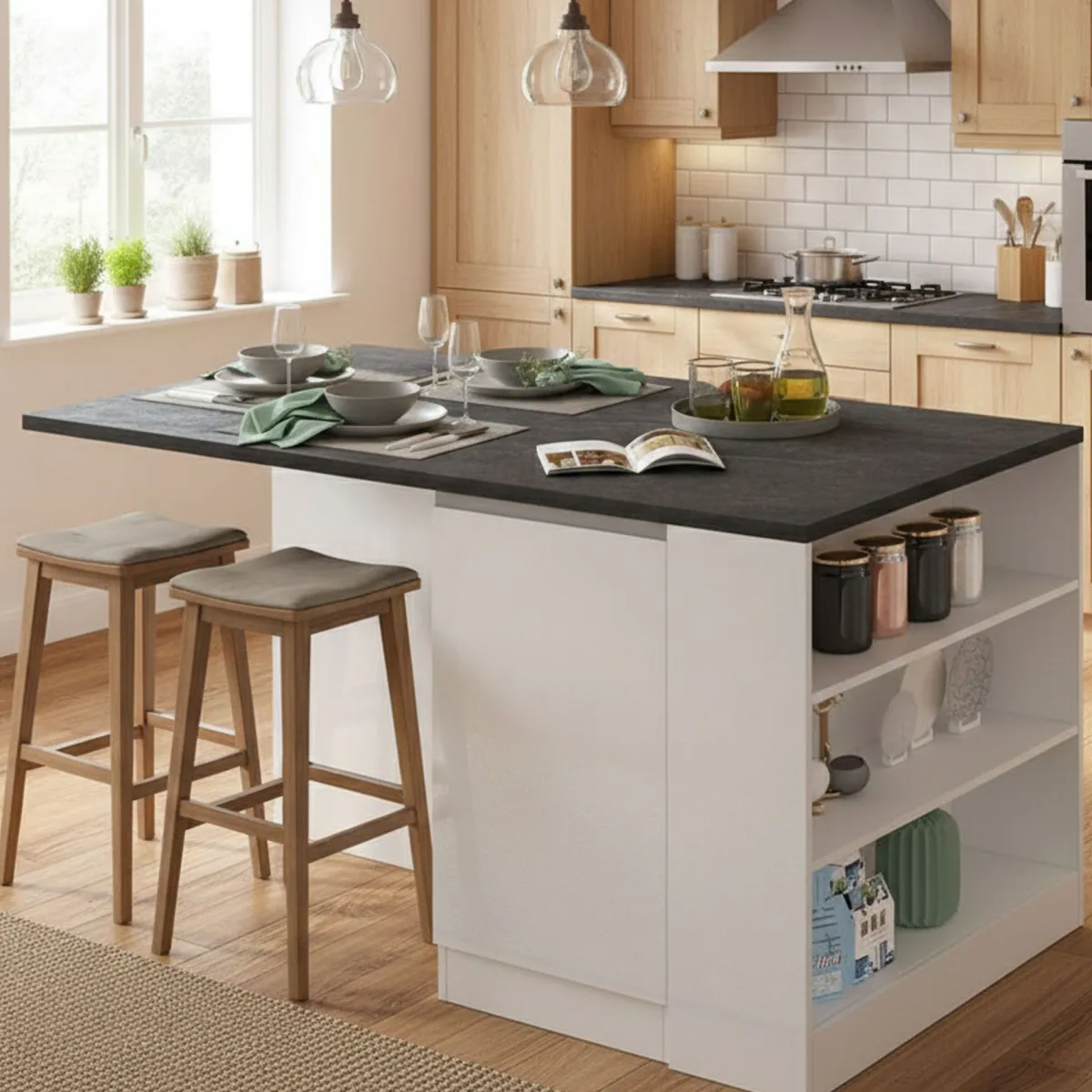Cucina|Mobili Dispensa > Dmora Isola cucina con piano lavoro ampio 160x90x90h cm bianca lucida e ardesia - Abern Grigio Ardesia, Bianco Lucido