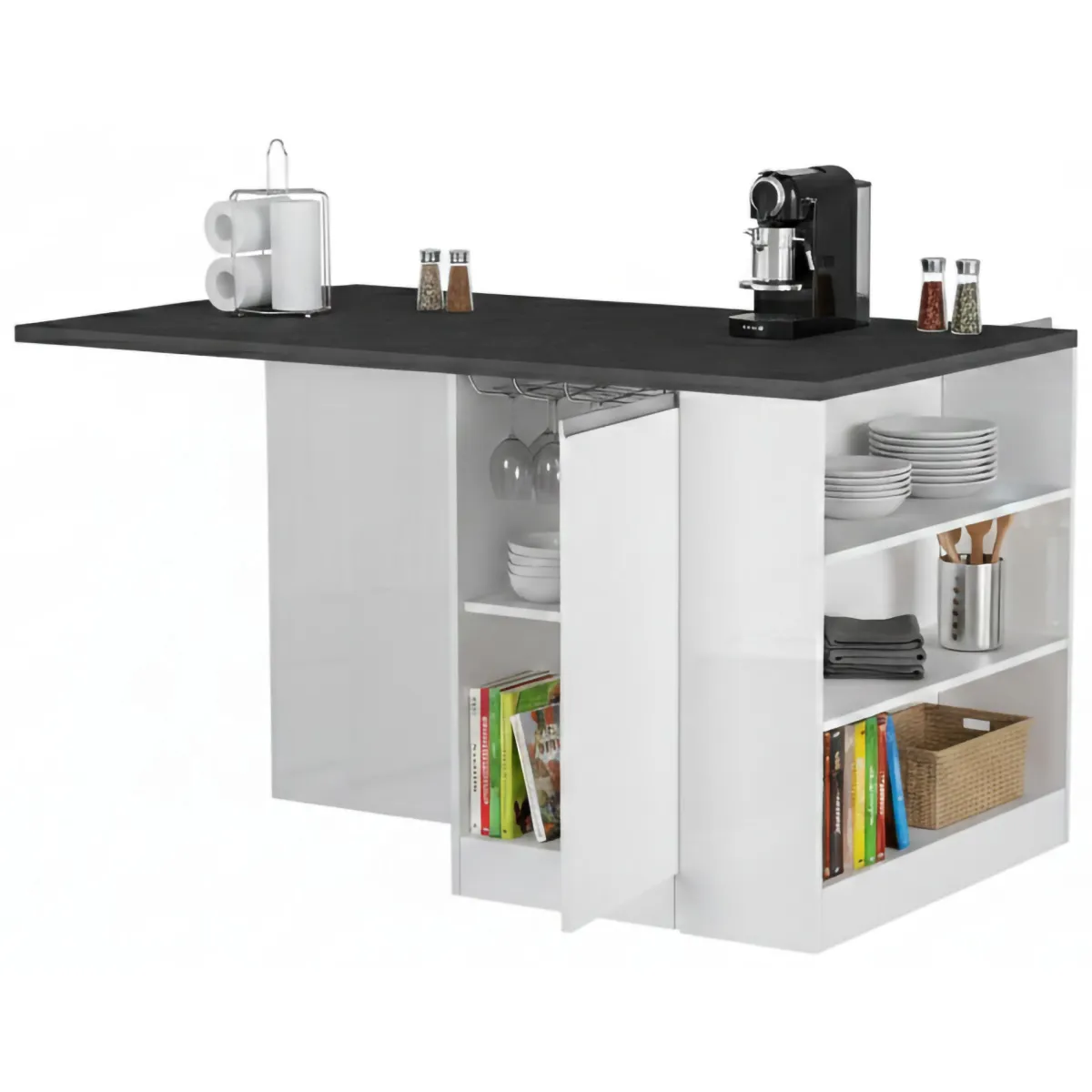 Cucina|Mobili Dispensa > Dmora Isola cucina con piano lavoro ampio 160x90x90h cm bianca lucida e ardesia - Abern Grigio Ardesia, Bianco Lucido