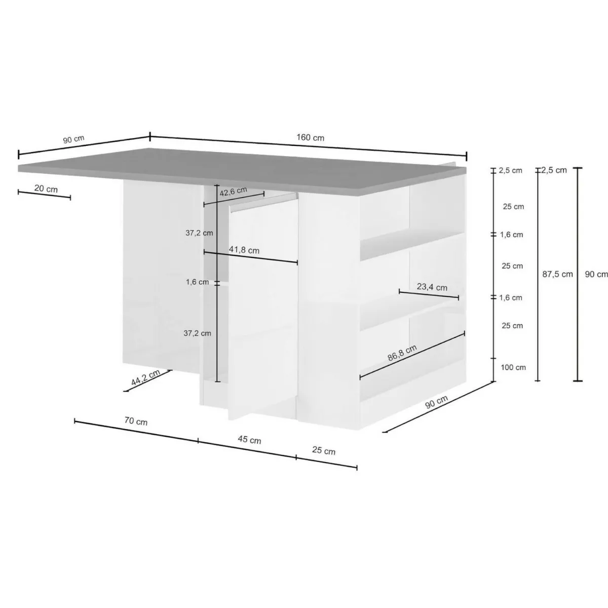 Cucina|Mobili Dispensa > Dmora Isola cucina con piano lavoro ampio 160x90x90h cm bianca lucida e ardesia - Abern Grigio Ardesia, Bianco Lucido