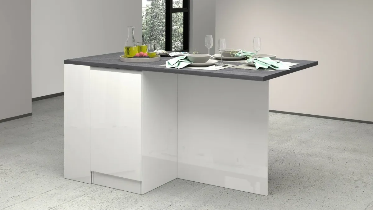 Cucina|Mobili Dispensa > Dmora Isola cucina con piano lavoro ampio 160x90x90h cm bianca lucida e ardesia - Abern Grigio Ardesia, Bianco Lucido
