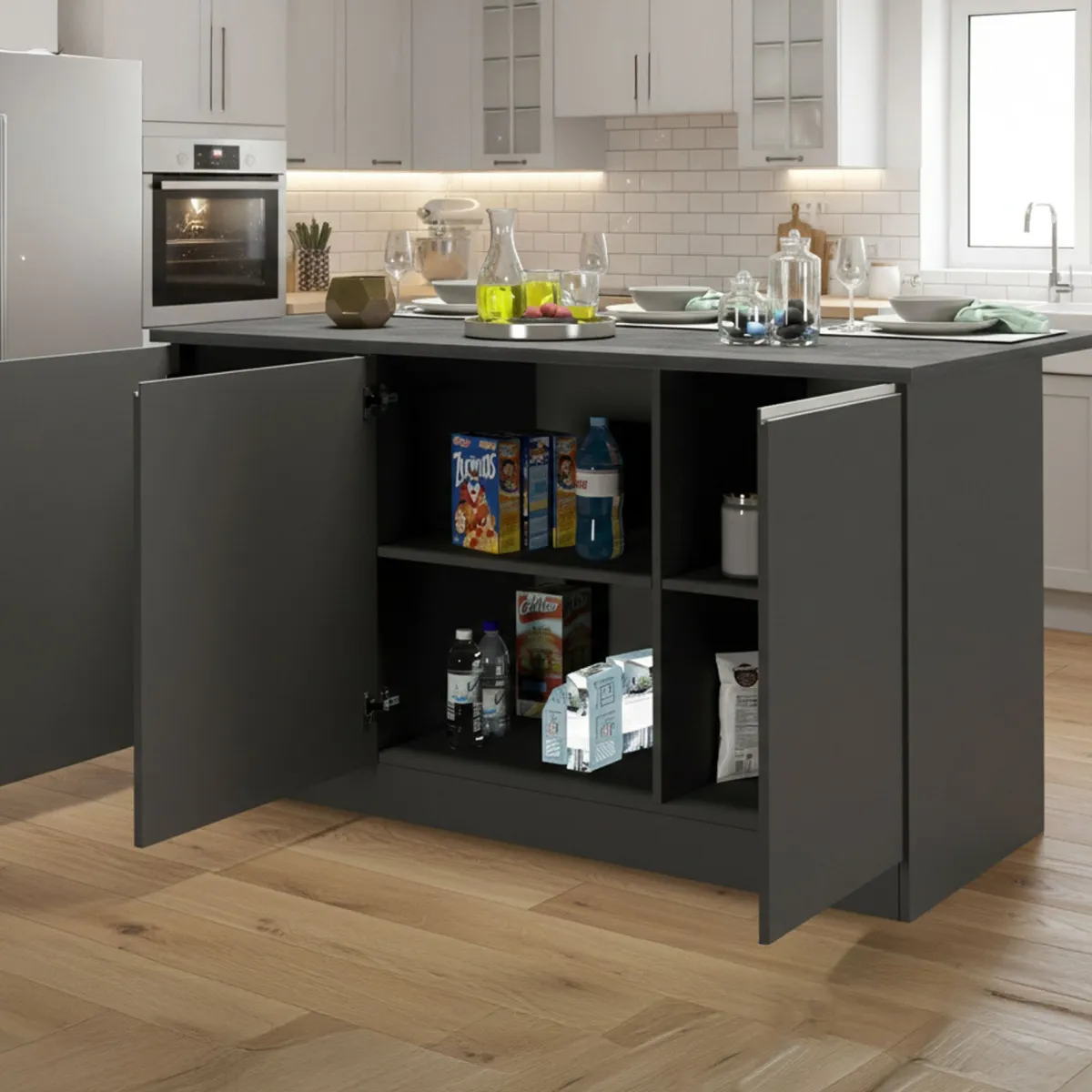 Cucina|Mobili Dispensa > Dmora Isola cucina minimal con ante 155x90x90h cm antracite e ardesia - Tartaro Grigio Ardesia, Nero Antracite