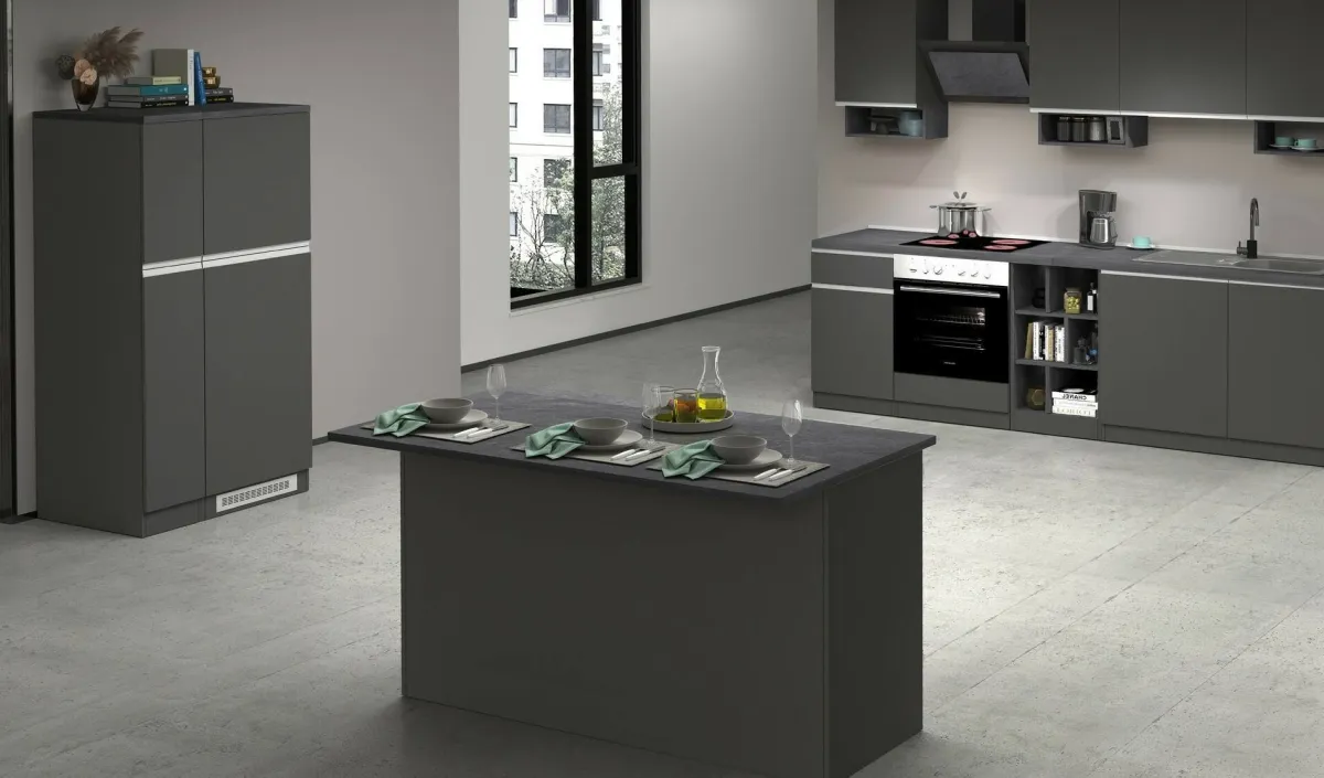 Cucina|Mobili Dispensa > Dmora Isola cucina minimal con ante 155x90x90h cm antracite e ardesia - Tartaro Grigio Ardesia, Nero Antracite