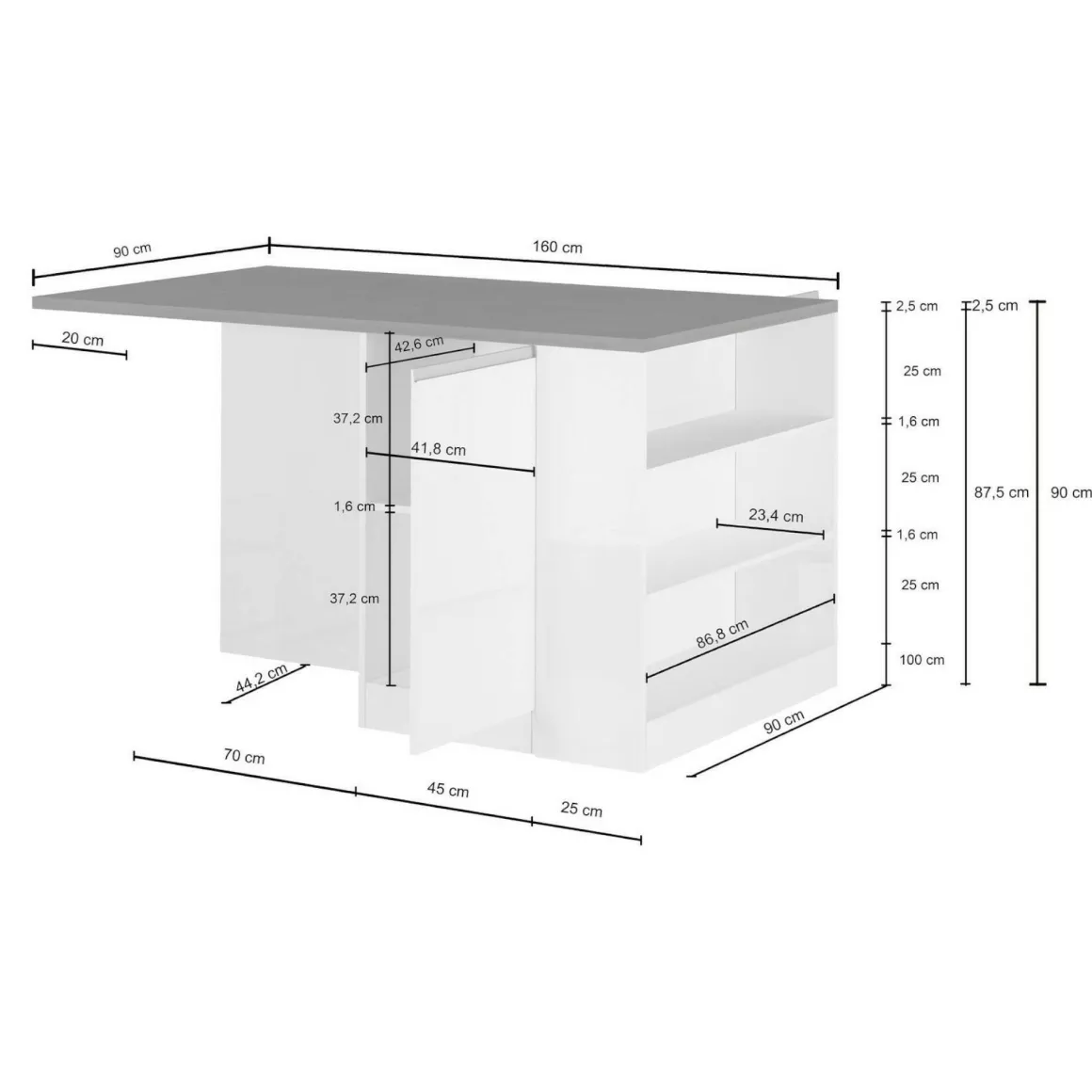 Isola cucina moderna per open space 160x90x90h cm bianca lucida e rovere - Abern