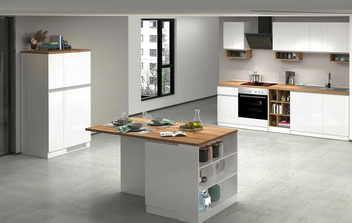 Isola cucina moderna per open space 160x90x90h cm bianca lucida e rovere - Abern