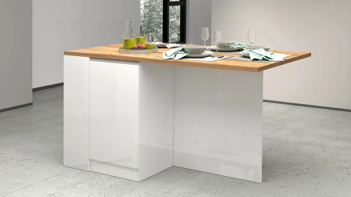 Isola cucina moderna per open space 160x90x90h cm bianca lucida e rovere - Abern