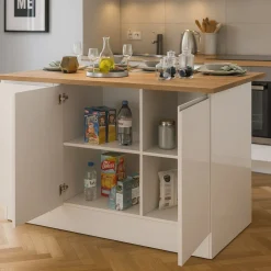 Cucina|Mobili Dispensa > Dmora Isola cucina salvaspazio con ripiani 155x90x90h cm bianca lucida e rovere - Tartaro Marrone Rovere, Bianco Lucido