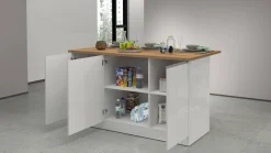 Cucina|Mobili Dispensa > Dmora Isola cucina salvaspazio con ripiani 155x90x90h cm bianca lucida e rovere - Tartaro Marrone Rovere, Bianco Lucido