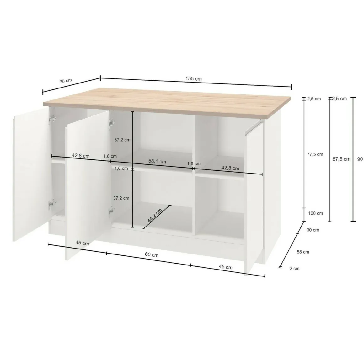 Isola per cucina moderna 155x90x90h cm bianca lucida e ardesia - Tartaro