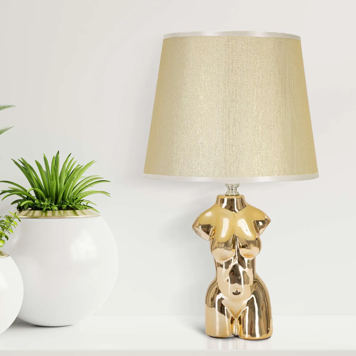 Lampade Da Tavolo > Dmora Lampada da Tavolo Beige oro Necessaria 1 Lampadina Attacco e27, Paralume - Fale Oro, Beige