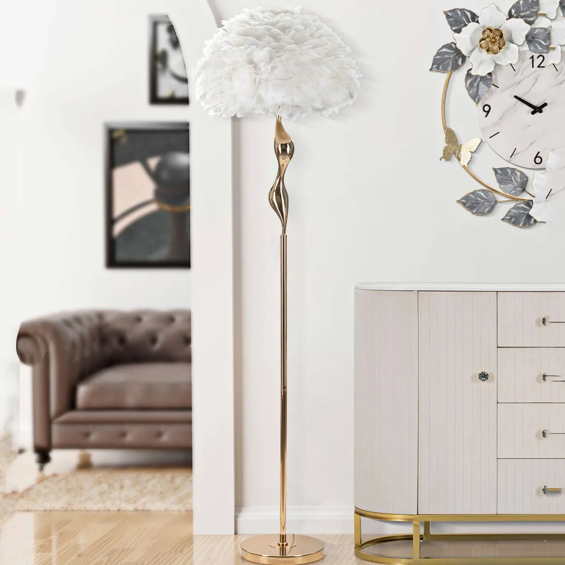 Lampada da Terra Bianco oro Necessaria 1 Lampadina Attacco e27, Paralume - Skagwa