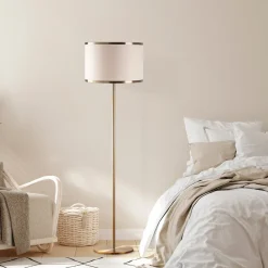 Lampade Da Terra > Dmora Lampada da Terra Bianco oro Panna Paralume Attacco e 27 max 40 w, Interruttore Connessione Diretta - Laviano Oro, Bianco Panna