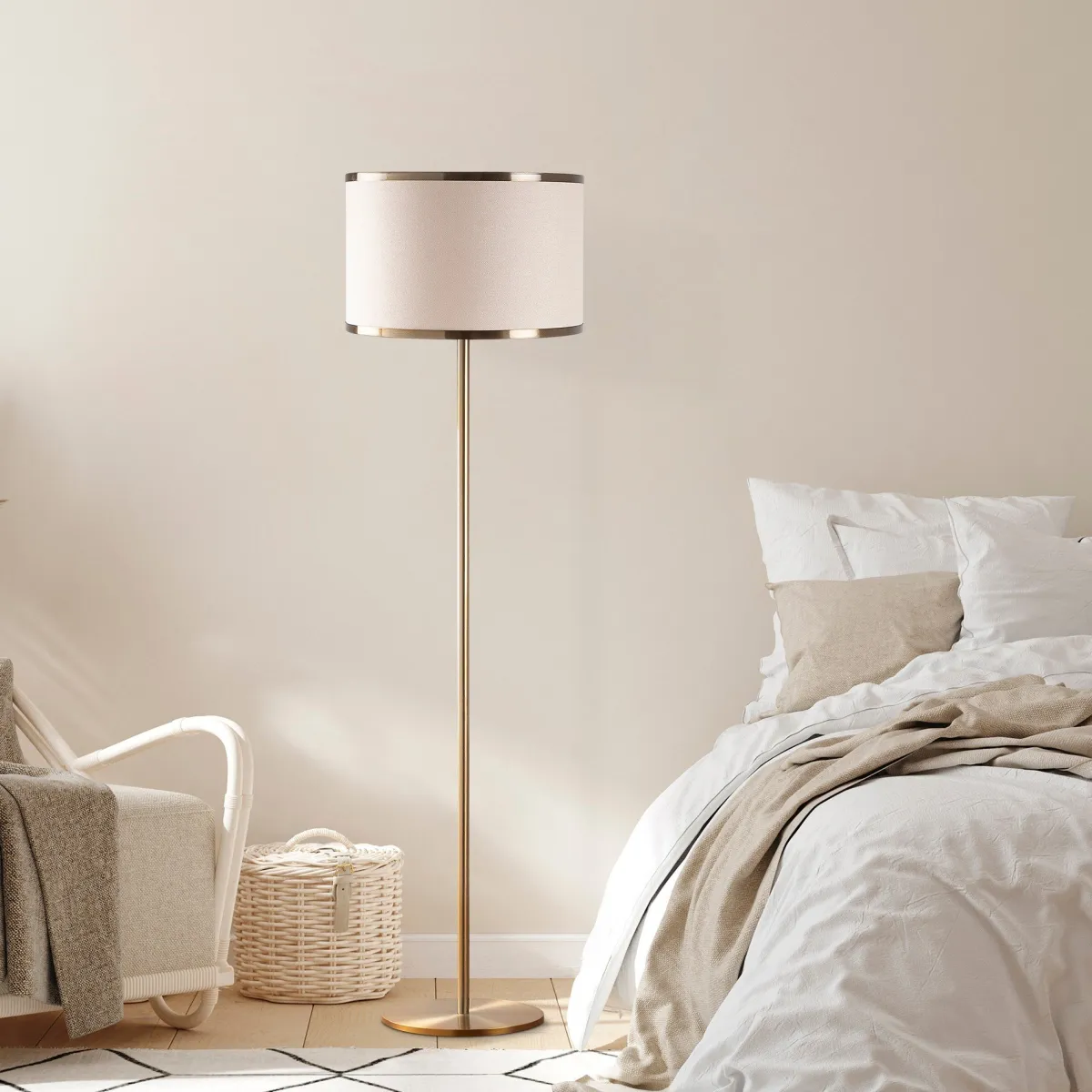 Lampade Da Terra > Dmora Lampada da Terra Bianco oro Panna Paralume Attacco e 27 max 40 w, Interruttore Connessione Diretta - Laviano Oro, Bianco Panna